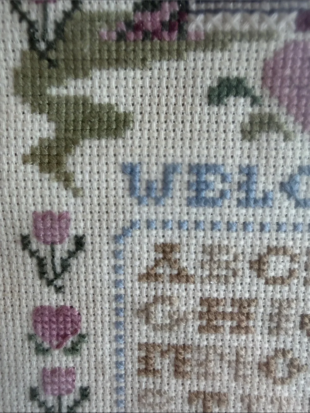 Vintage Framed Pink & Cream Cross-Stitch Welcome